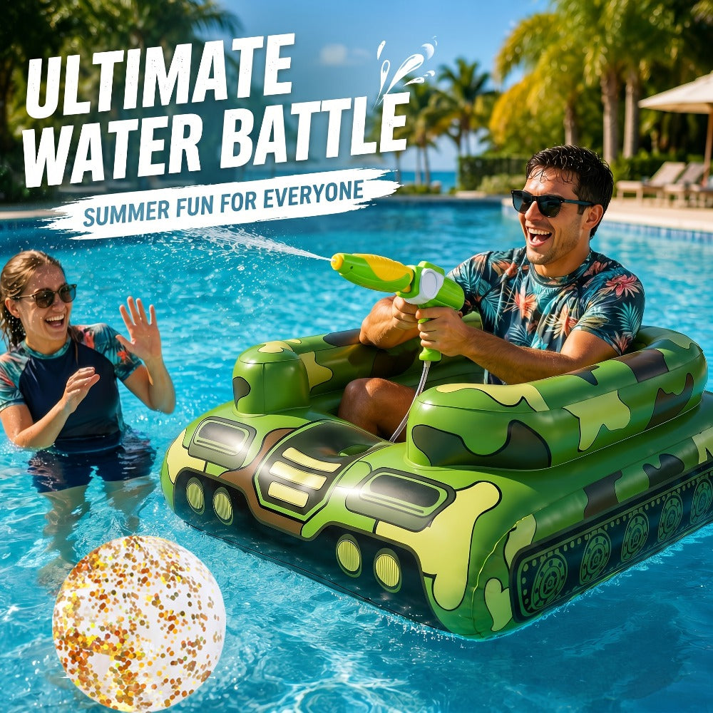 Ride-On Inflatable Pool Floats in Yellow Duck or 60-Inch Green Tank Styles with 16-Inch Beach Ball — image 4
