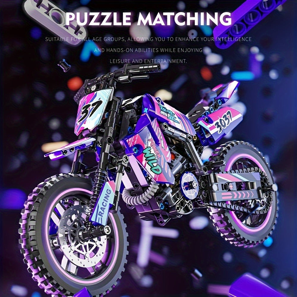Building Block Set Off-Road Motorcycle Model, 476-Piece Purple and Black Bike with Display Dimensions and Instructions — imag