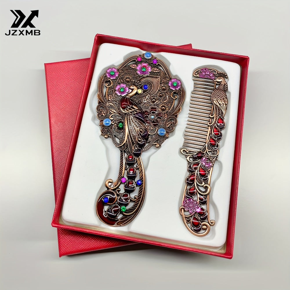 Vintage Peacock Hair Comb and Mirror Set 2 Pcs – Fine-Tooth Stainless Steel Decorative Butterfly Flower Portable Handheld Mir