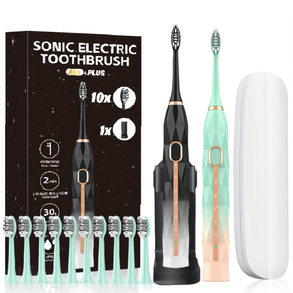 IPX8 Sonic Electric Toothbrush with 8 Replacement Brush Heads – Metal Shaft, USB Rechargeable 500mAh, Travel Case & Holder — 