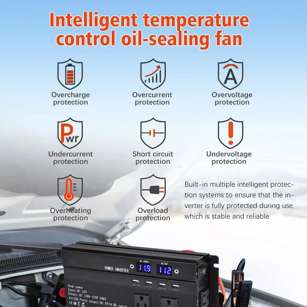 Portable 12V DC to 110V AC Power Inverter with LCD Display, Cooling Fan and 6600W Checkout Label — image 11