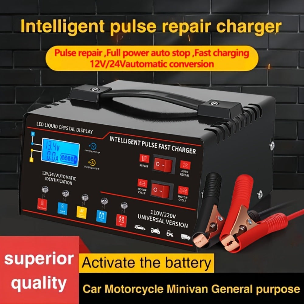 AF01 12 V and 24 V Battery Charger with LCD Display, Alligator Clamps, Carry Handle and Cooling Fan — image 1