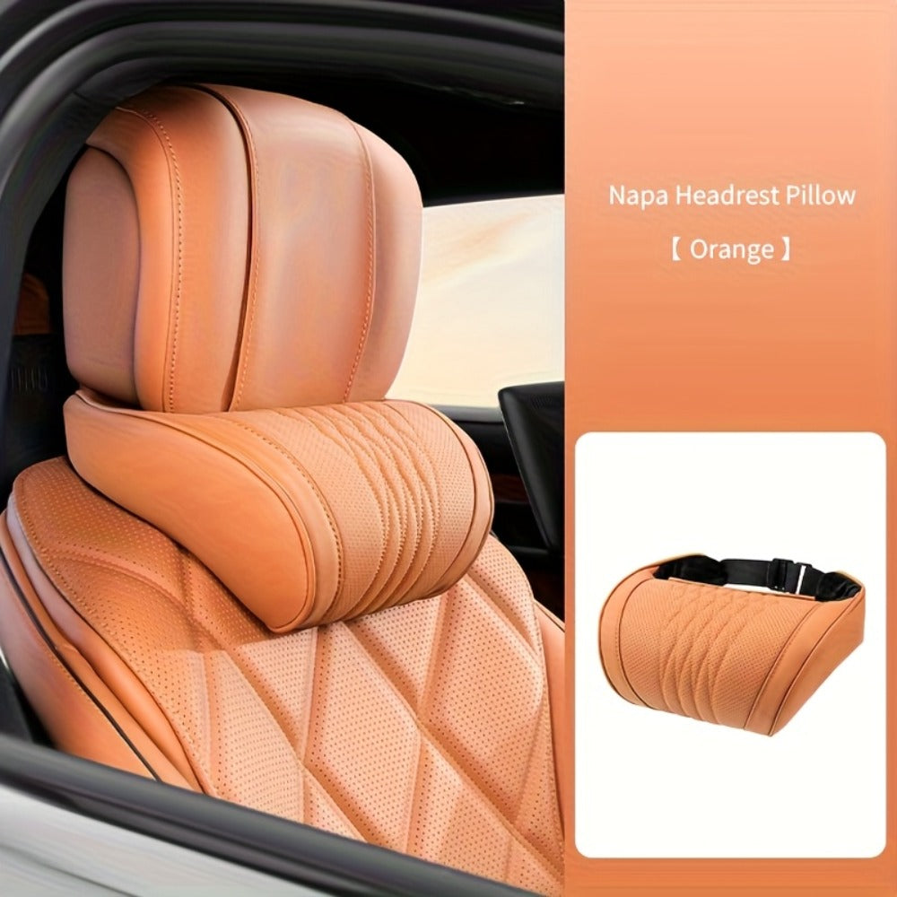 Car Neck Pillow Nappa Leather Headrest – Memory Foam Lumbar Support with Embroidery, All-Season Universal Car Interior Access