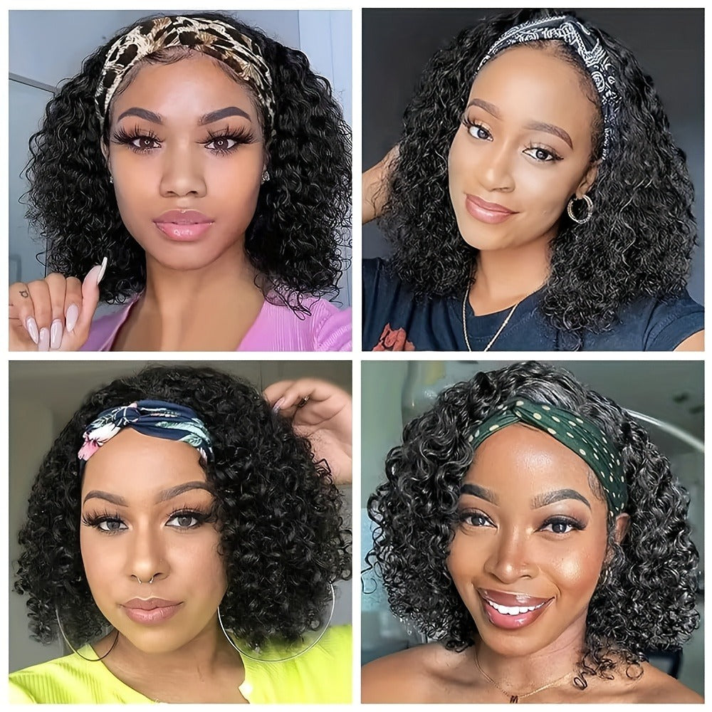 Headband Wig Human Hair Short Curly Pixie 14 Inch No Glue No Lace Glueless Wear and Go Natural, for Home, Travel and Salon Ha