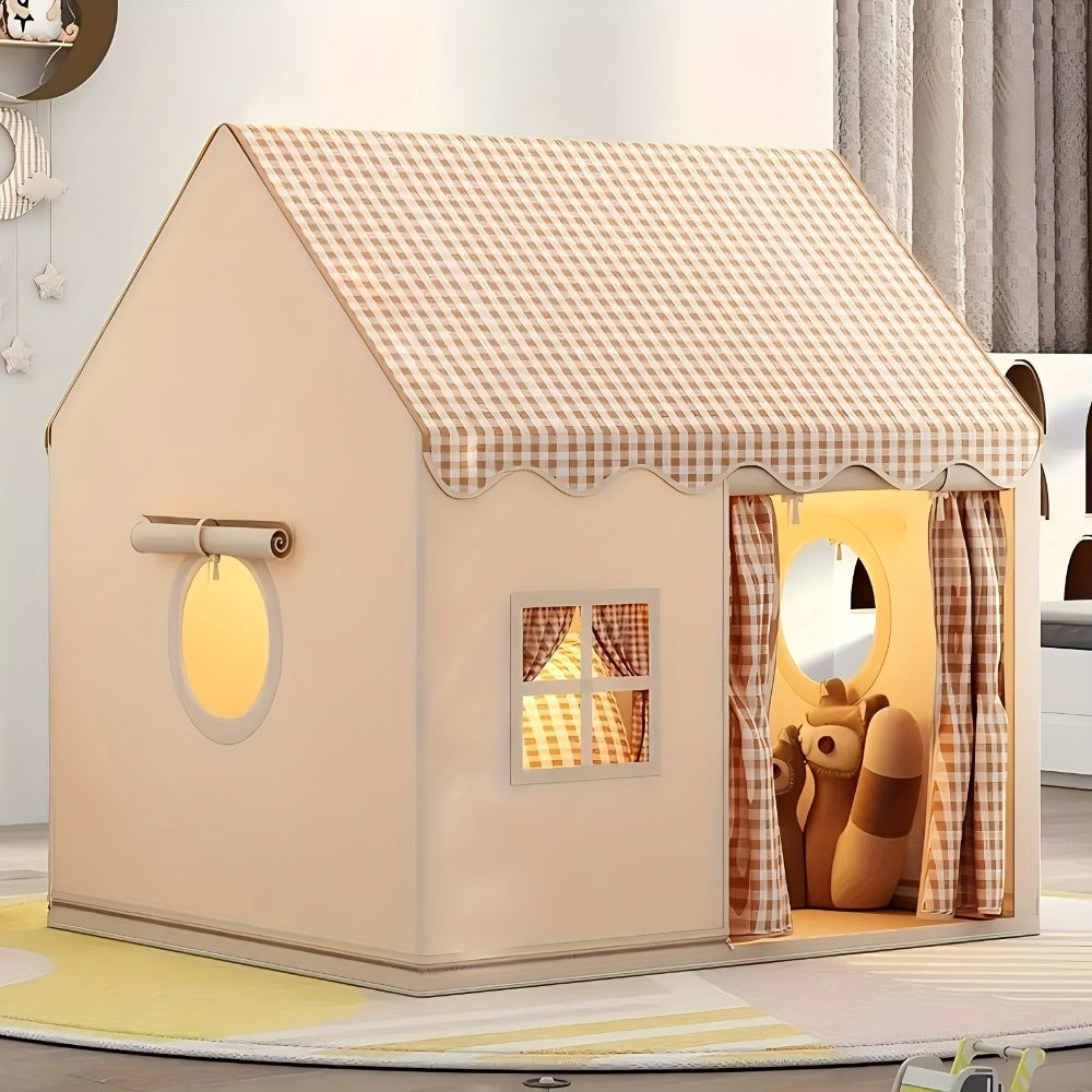Kids Play Tent Cabin Style for Indoor Outdoor – Checked Polyester Playhouse for Toddlers Ages 2-6, Imaginative Role Play Pret