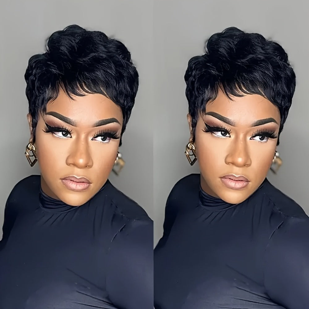 4-Inch Straight Layered Pixie Human Hair Wig in Black with 150% Density and Machine-Made Rose Net Cap — image 7