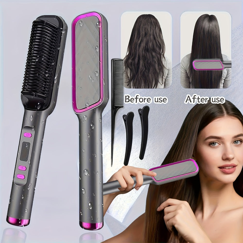 2-in-1 Hair Straightener & Curler LCD Display – 35-Second Fast Heat 4-Speed Temperature Anti-Scald Flat Iron Brush for Women 