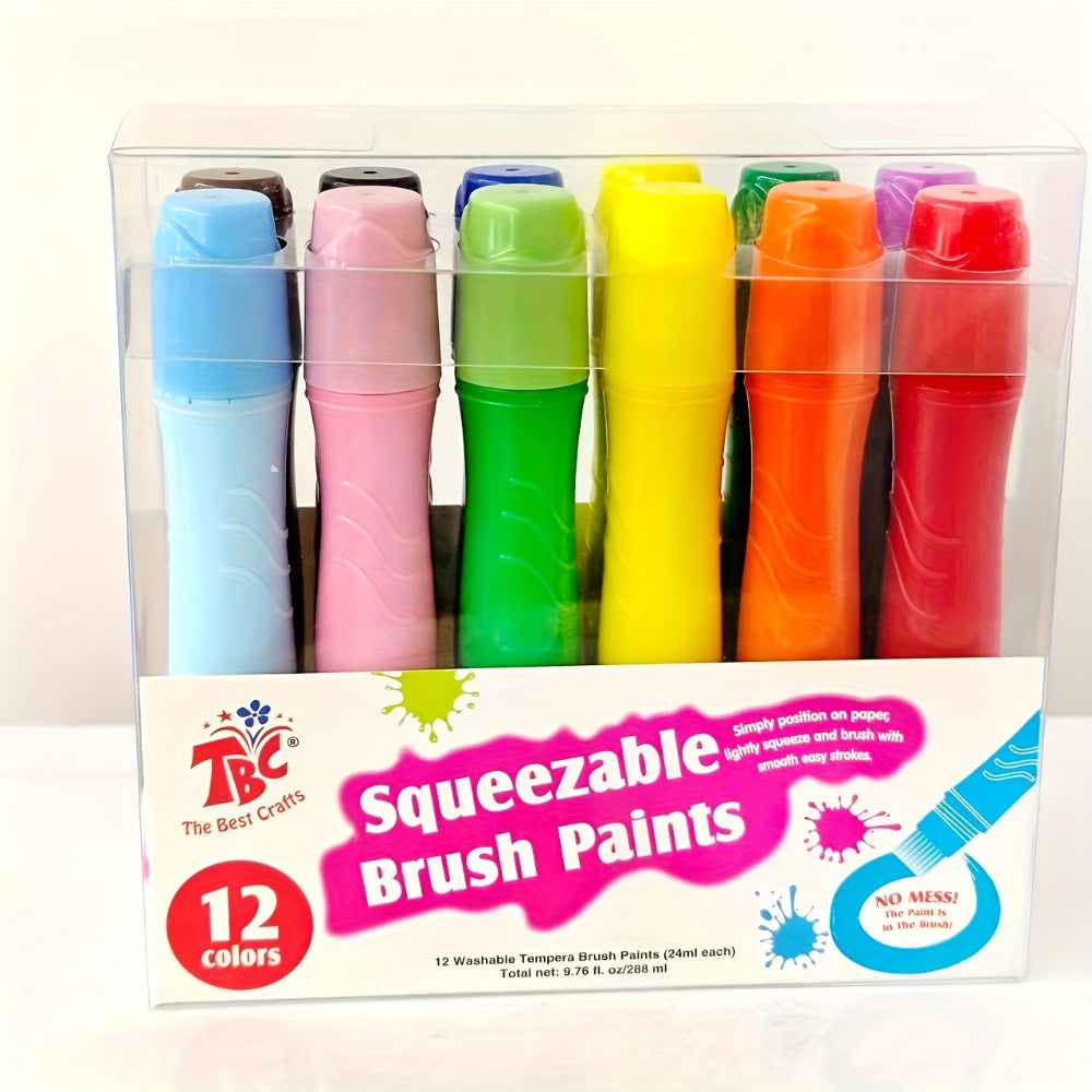 12-Color Neon Squeezable Tempera Paint Brush Pen Set with 24 ml Source Fill Labels and Tray — image 1