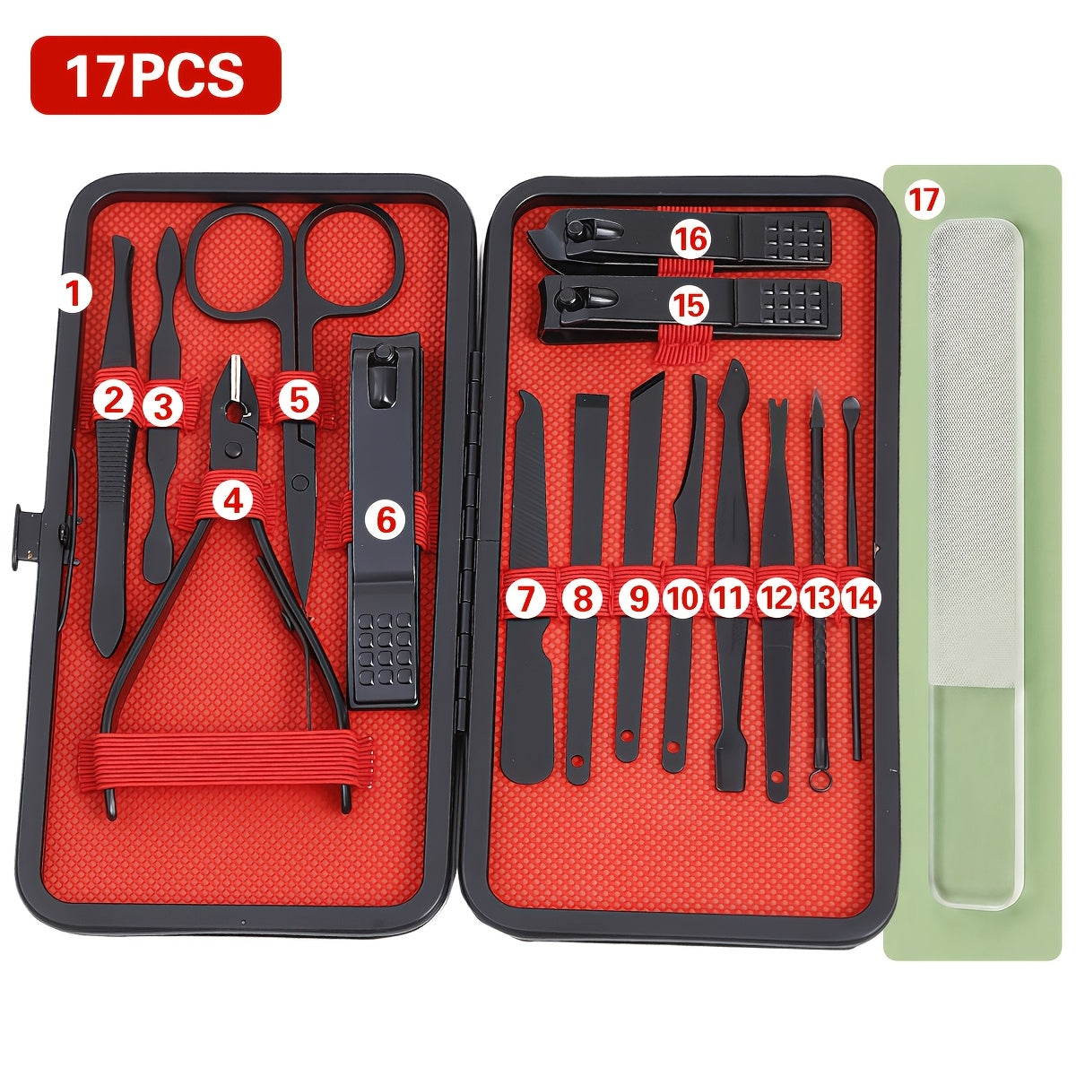 Nail Grooming Tool Case with 10-, 17- or 24-Piece Set Options and Black-and-Red Interior for Home and Travel — image 18