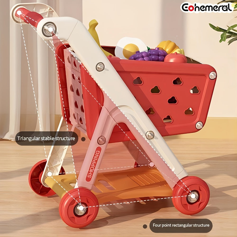 Kids Pretend Play Shopping Cart Toy Set with Realistic Food & Grocery Accessories, Supermarket Role Play for Toddlers Girls B