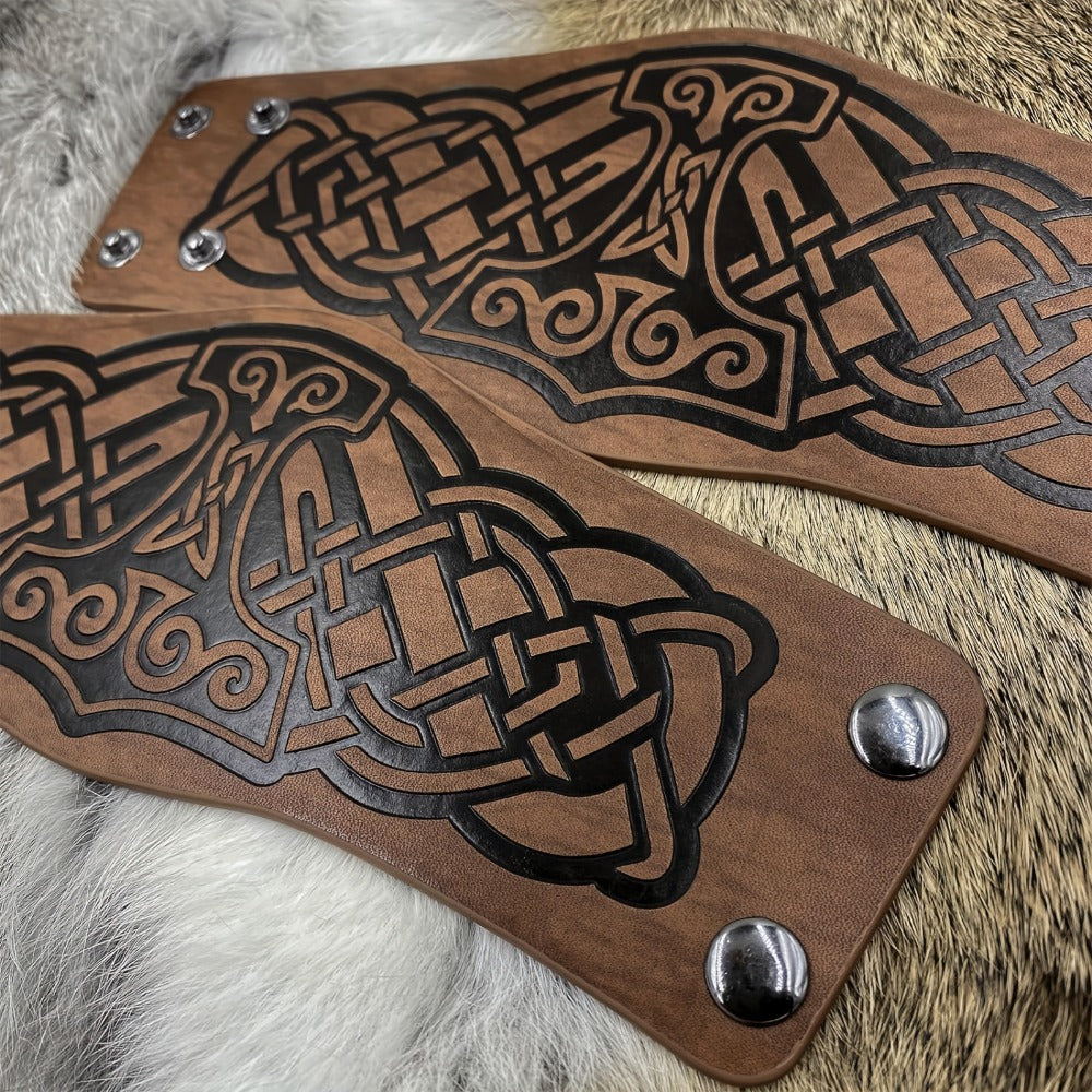 Viking Leather Cuff Bracelet Set 2pcs Norse Mythology Mjolnir Vegvisir Embossed Wristband for Men Women Halloween Gift — imag