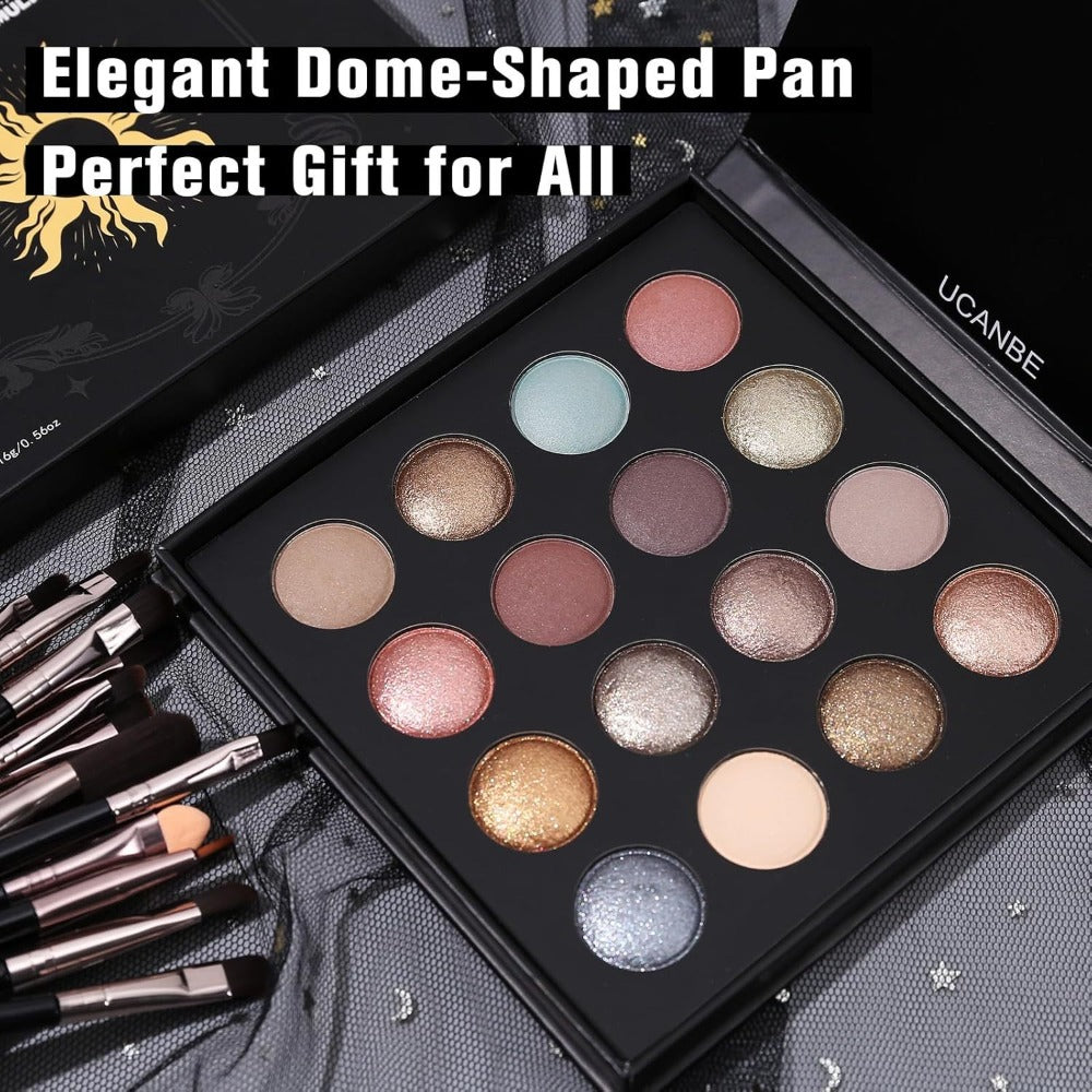 Eyeshadow Palette UCANBE 16-Shade Black Case with Matte-Shimmer-Metallic Mix and 15-Brush Set — image 6