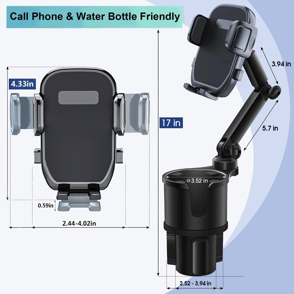 Cup-Holder Car Phone Mount with Bottle Recess, Double-Jointed Long Arm and Rotating Clamp Pictured — image 3