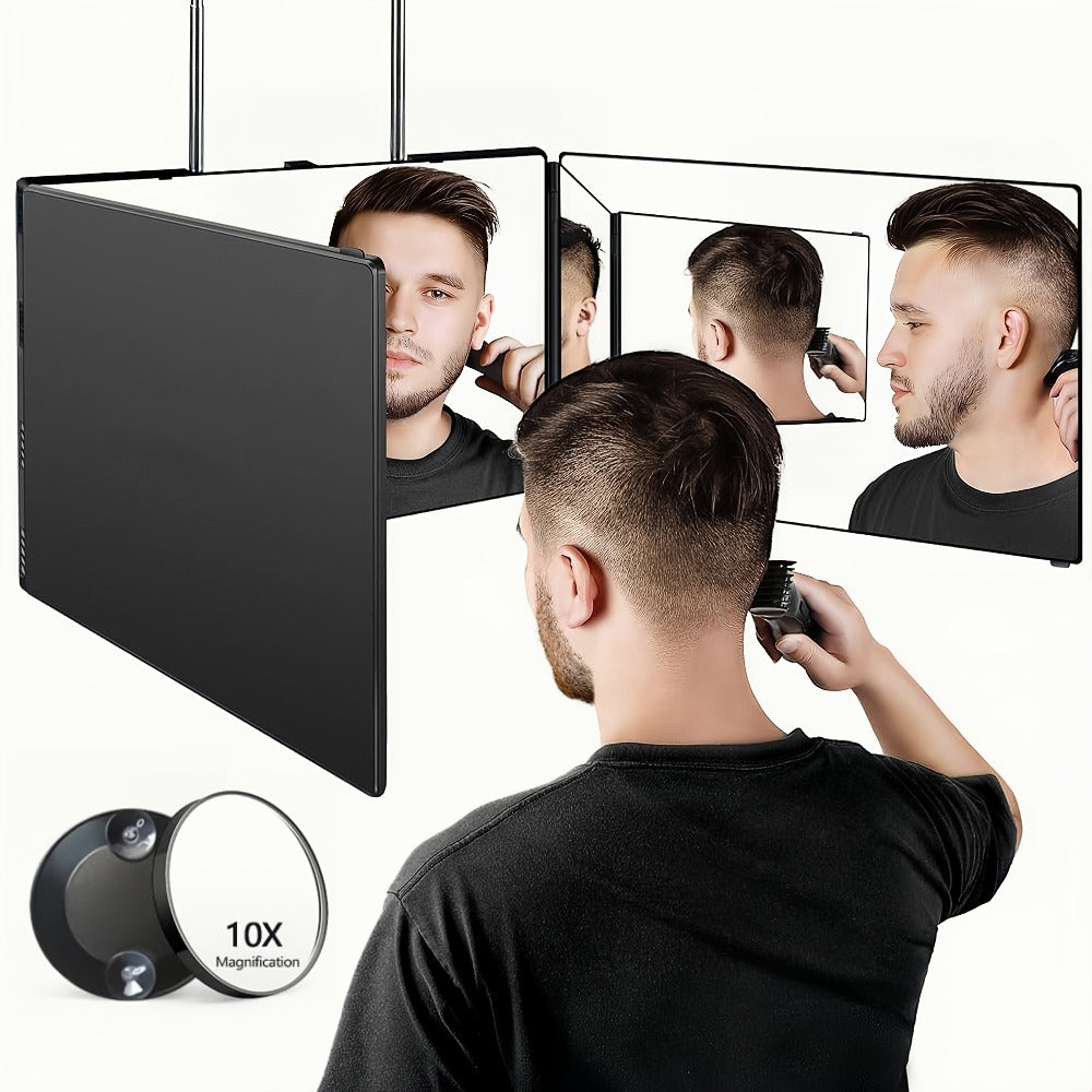 Self Hair Cutting Mirror 360° View 3-Way Anti-Fog HD Glass with 10X Magnifying Mirror – Height Adjustable Door Wall Table Mou