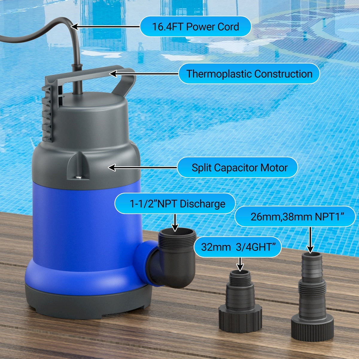 Submersible Sump Pump 1HP 4600GPH Portable Utility Water Pump for Pool Basement Flood Hot Tub — image 5