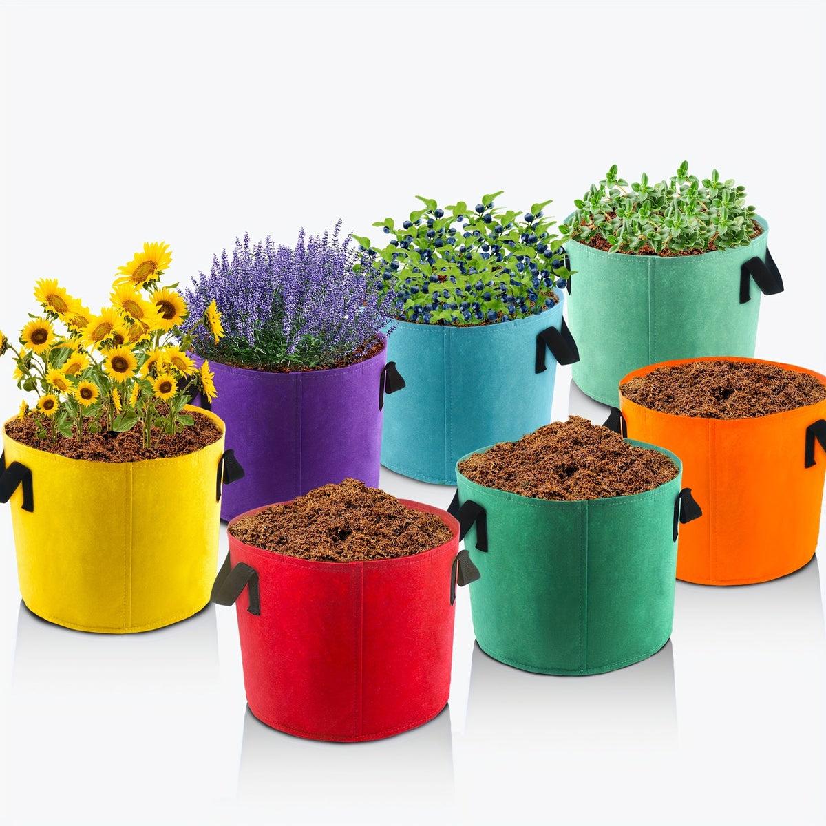 Seven-Color 10-Gallon-Labeled Grow Bag Set with Side Handles, 16-Inch Diameter and 12-Inch Height — image 1