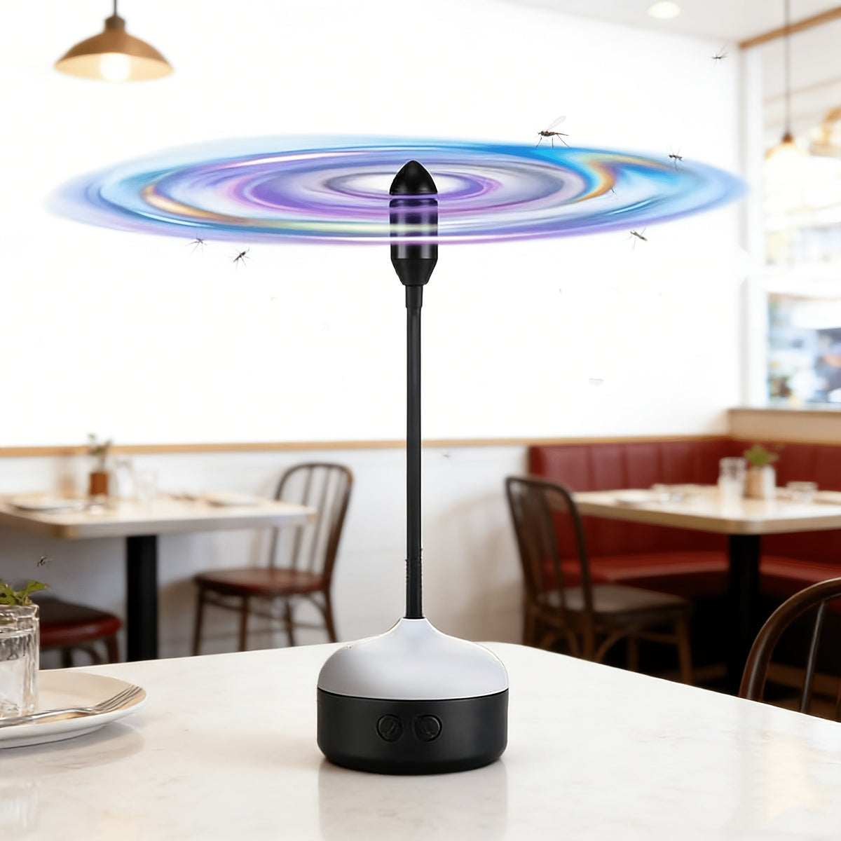 Desktop Reflective-Blade Fan Pest Control Device with Amber Light, Flexible Neck and USB Power for Tabletop Use — image 3