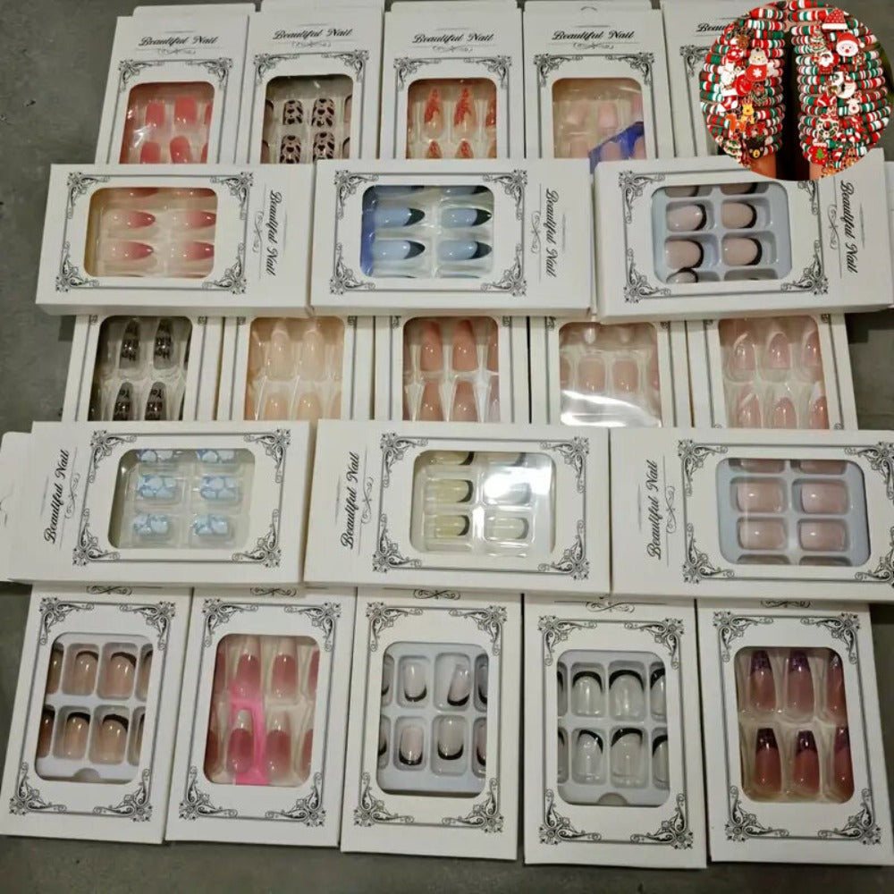 Press On Nails 216-Piece Nine-Set Random Mixed-Color Rhinestone Glossy Middle-Length Collection — image 1