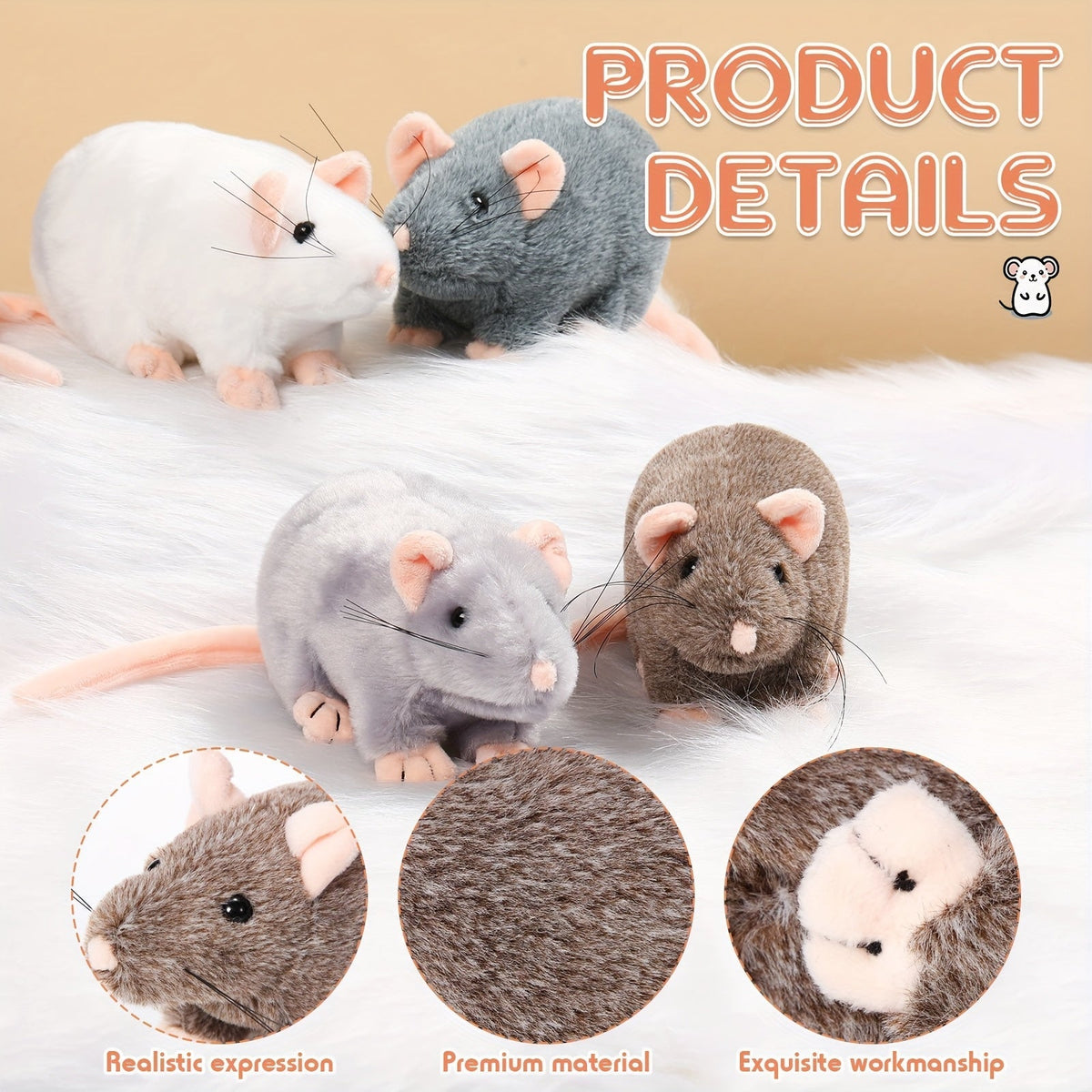 Cat Toy 8-Pack of 7-Inch Plush Mice in White, Gray and Brown with Long Tails and Rounded Bodies — image 1