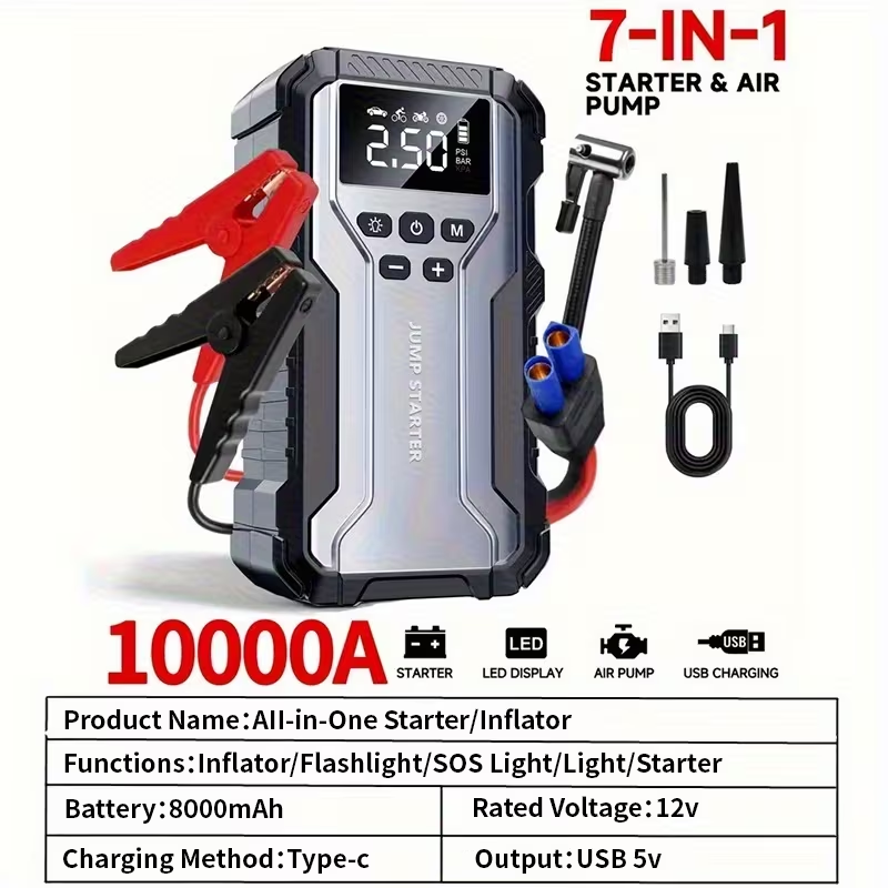 10000A Car Jump Starter with 12V Clamps, LED Light and Optional Integrated Air Pump in Red, Green or Gray — image 12