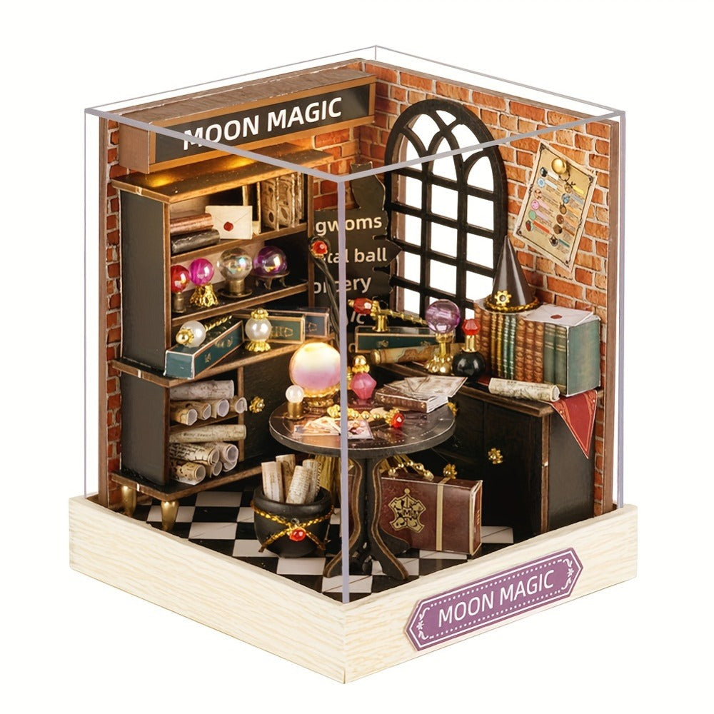 DIY Wooden Tiny House Kit with Dust Cover, Handmade Miniature Dollhouse Puzzle, 3 Themes Afternoon Tea Rotating Food House Mo