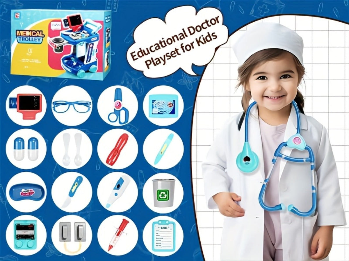 Kids Doctor Kit with Medical Cart Set, Movable Toy Trolley, Stethoscope, Thermometer & Accessories — image 16