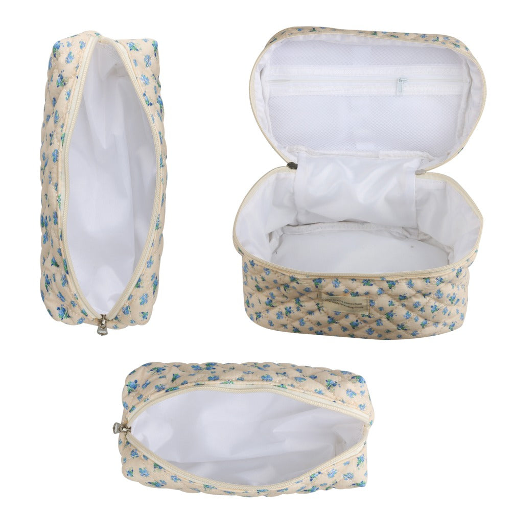 Quilted Floral Makeup Bag Set 3PCS Large Capacity Dual Layer Cotton Cosmetic Bags Coquette Aesthetic Travel Toiletry Organize