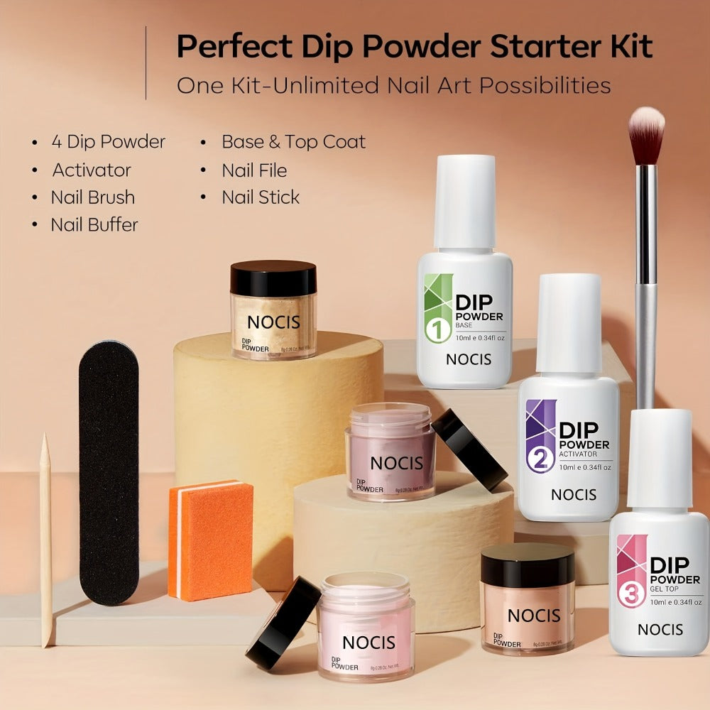 Dip Powder Nail Kit with NOCIS Label, Four Nude and Gold Glitter Powders, Three 10ml Liquids and Four Tools — image 2