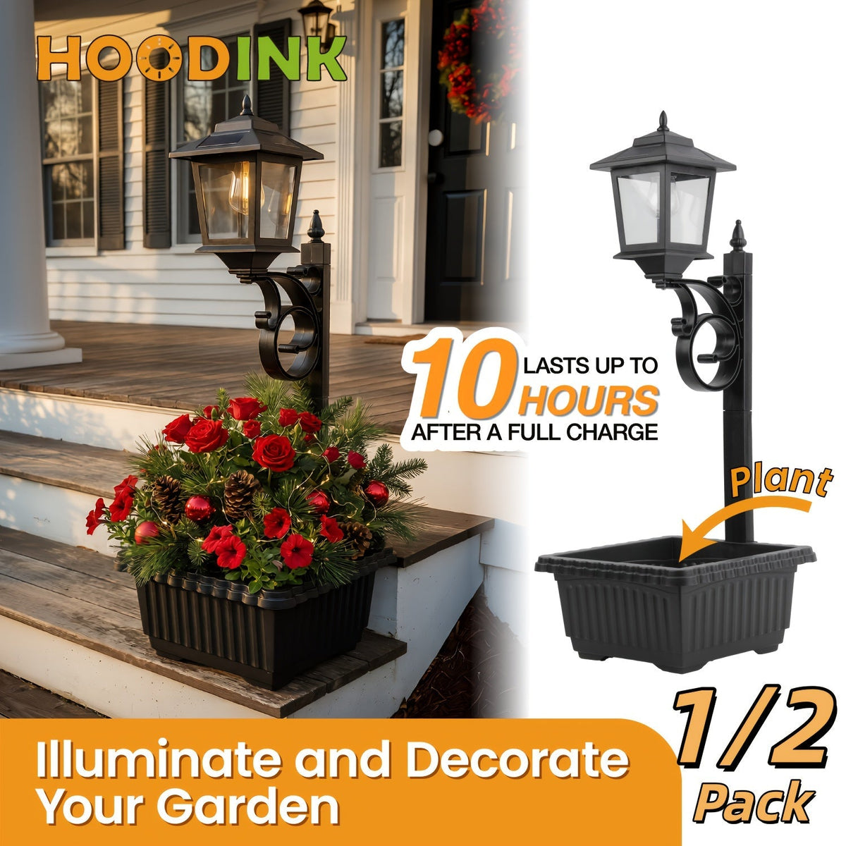 Solar Garden Light HOODINK Black Flower-Pot Lamp Post with Solar Panel, IP44 Label and 1- or 2-Pack Options — image 2