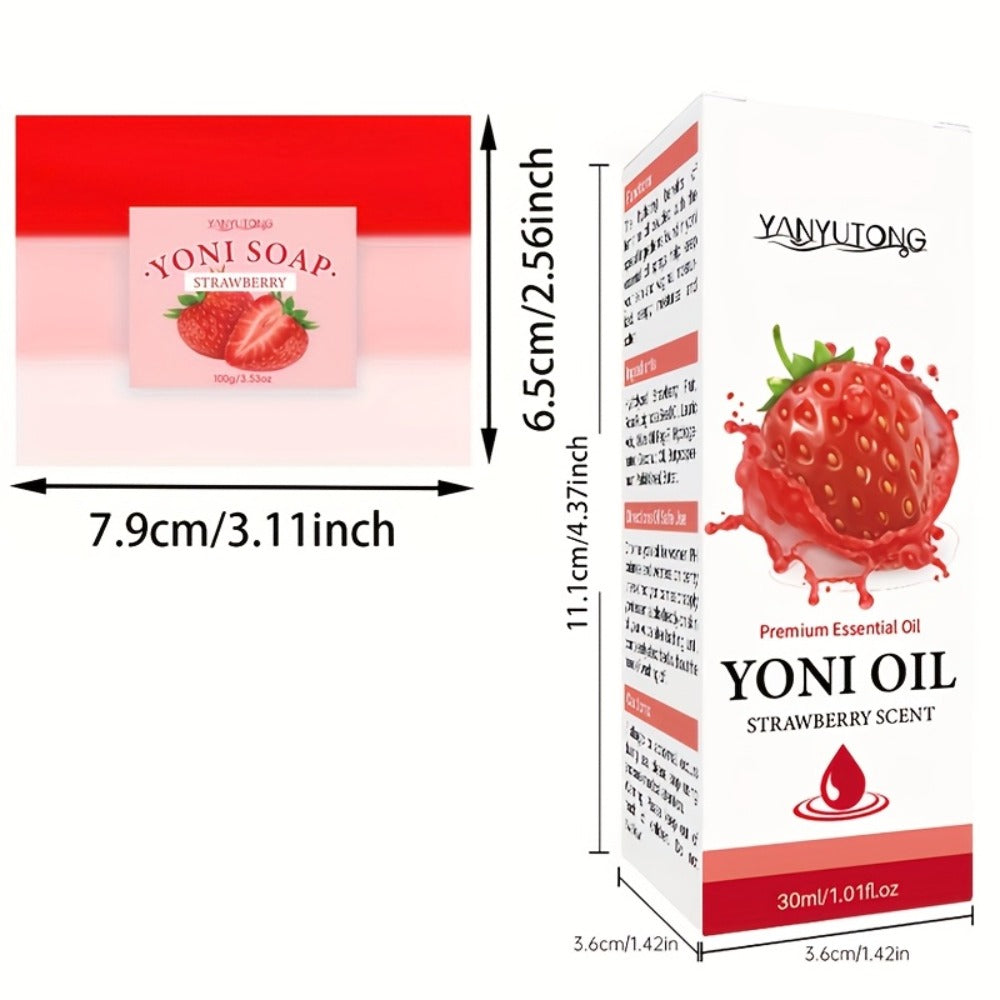 Strawberry Yoni Bath Set 4pcs for Women – Scented Yoni Oil & Soap Feminine Hygiene Kit pH Balance Odor Control Moisturizing I