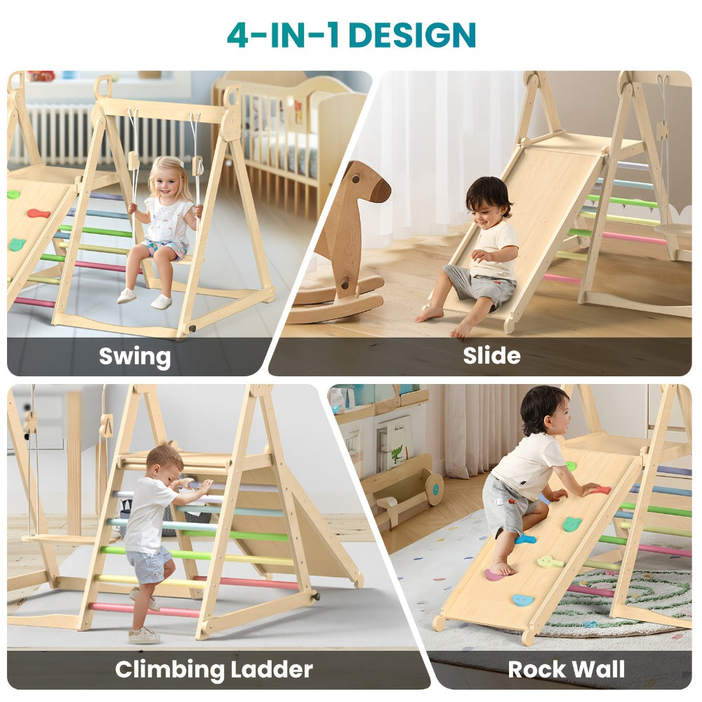 Foldable Indoor Wooden Jungle Gym for Toddlers, 4-in-1 Climbing Frame with Swing, Slide & Ladder — image 3