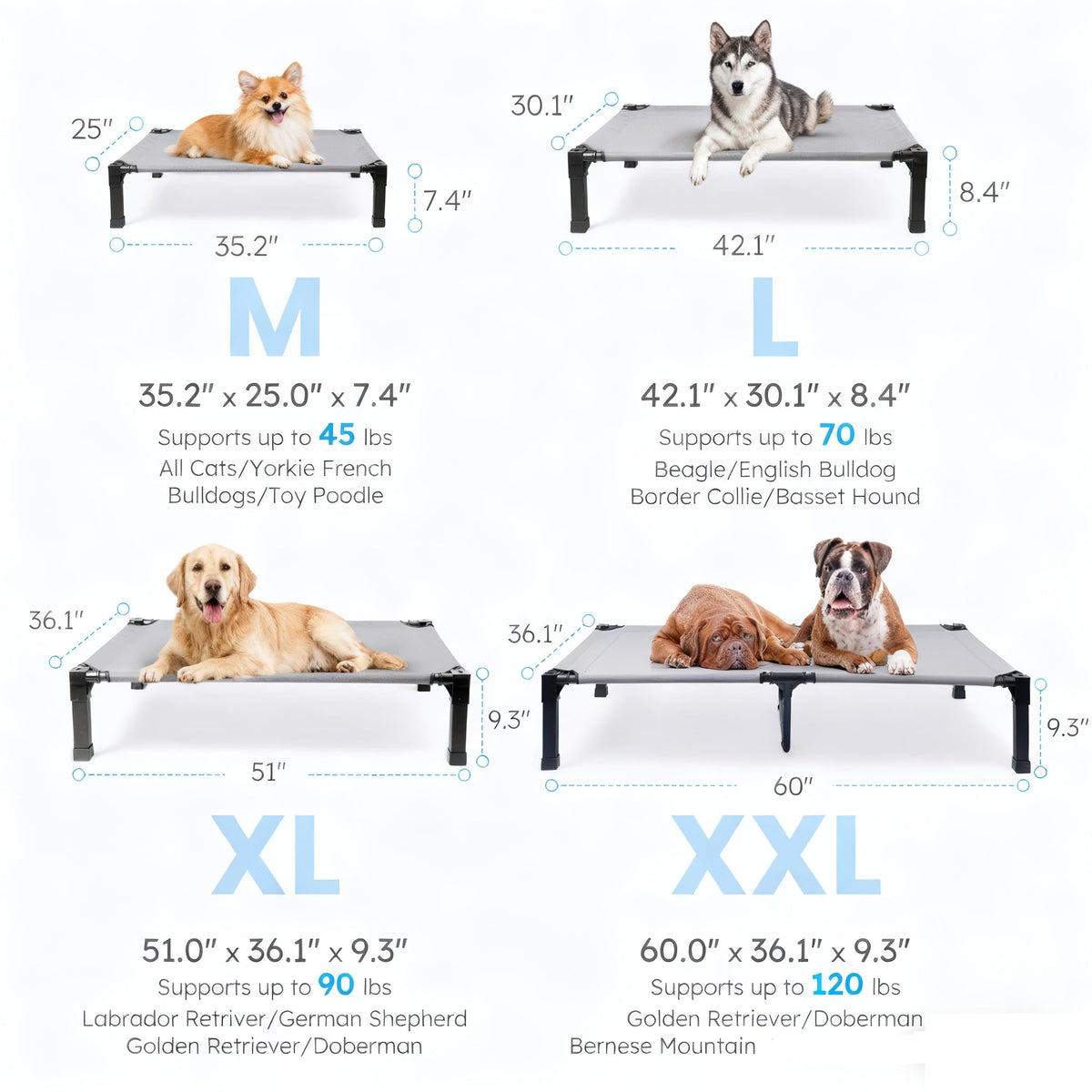 Elevated Mesh Dog Cot Bed with Folding-Leg Frame, Seven Colors and Four Labeled Sizes from 35 to 60 Inches — image 2