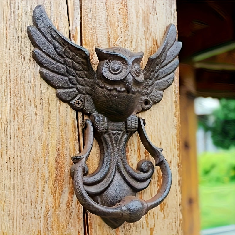 Owl Door Knocker Heavy Duty Cast Iron Winged Old Country Style Feather Detail Rustic Home Entryway Decoration Craft Gift — im