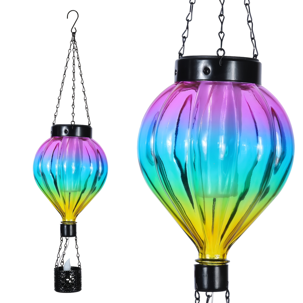 Solar Outdoor Lights Hot Air Balloon Hanging Lantern with Flame-Effect LED and Metal Frame for Garden Decor — image 4