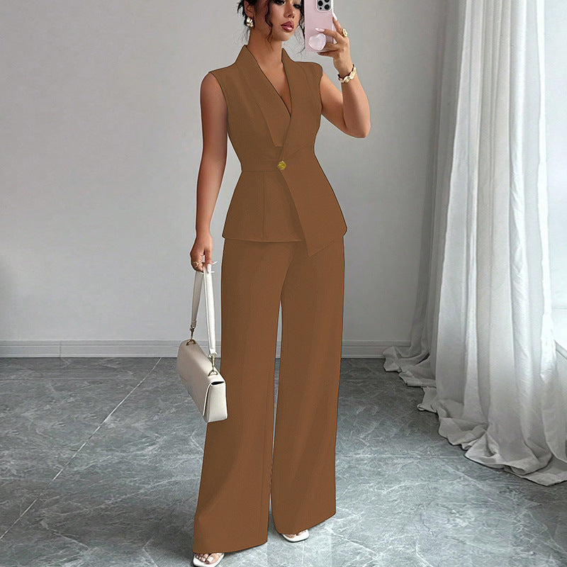 Solid Color Vest Straight-leg Trousers Suit For Women