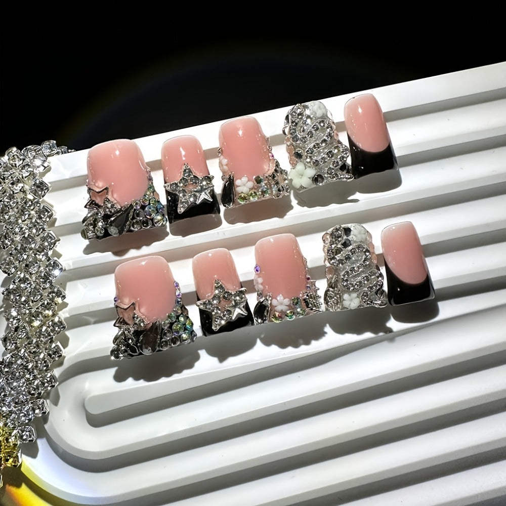 Press On Nails 10-Piece Short Duckbill Set with Black French Tips, Snake, Stars and Self-Adhesive Gel Tabs — image 2