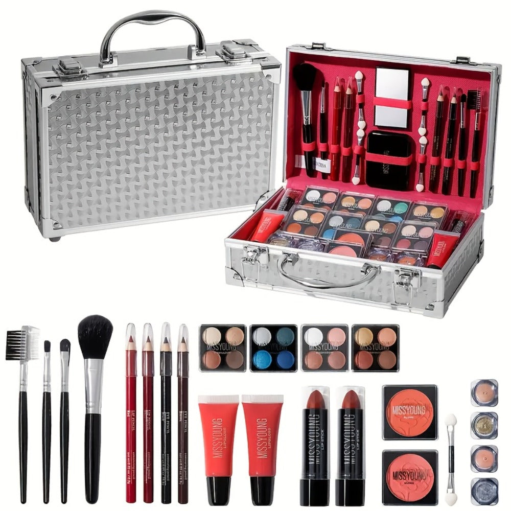 Makeup Kit 56-Piece Handled Mirror Case with Mixed Face, Eye and Lip Cosmetics in Silvery or Rose Color — image 5