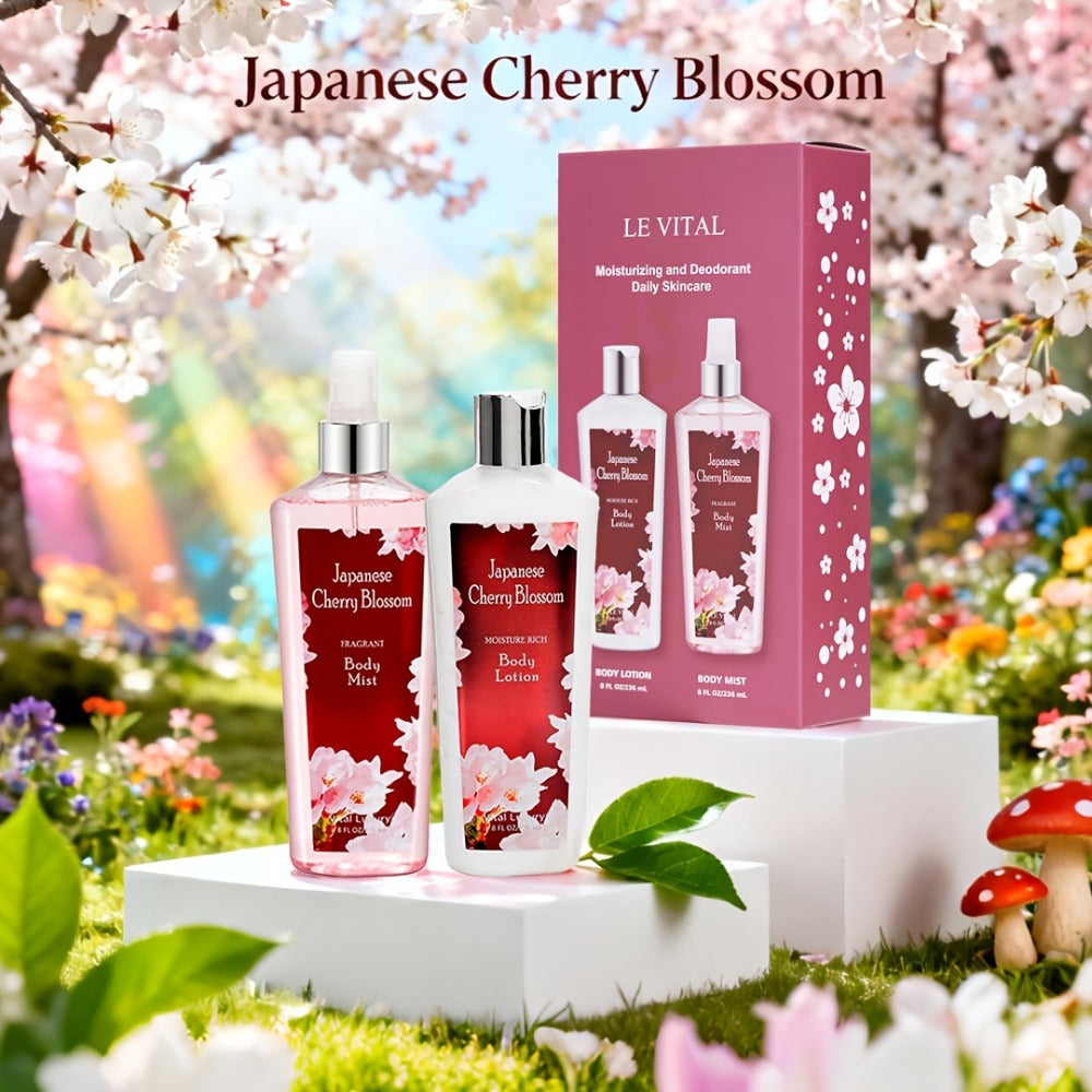 Cherry Blossom Gift Set for Women Body Lotion and Body Mist Japanese Sakura Fragrance Moisturizing Softening Skin Care Set — 