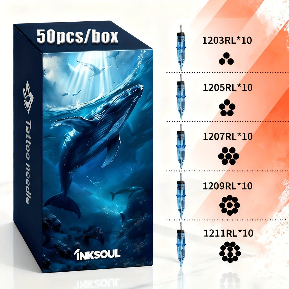 Tattoo Cartridge Needles with Blue Whale Label, 50-Piece Round Liner Pack Across 5 RL Models — image 1