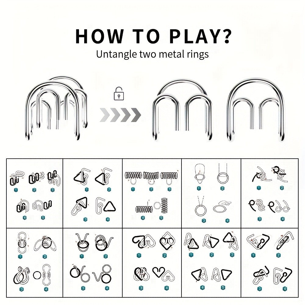 Metal Brain Teaser Puzzle Set 50 Pack, Golden Unlock Iron Chain Link Toys, Nine Rings Kongming Lock — image 5