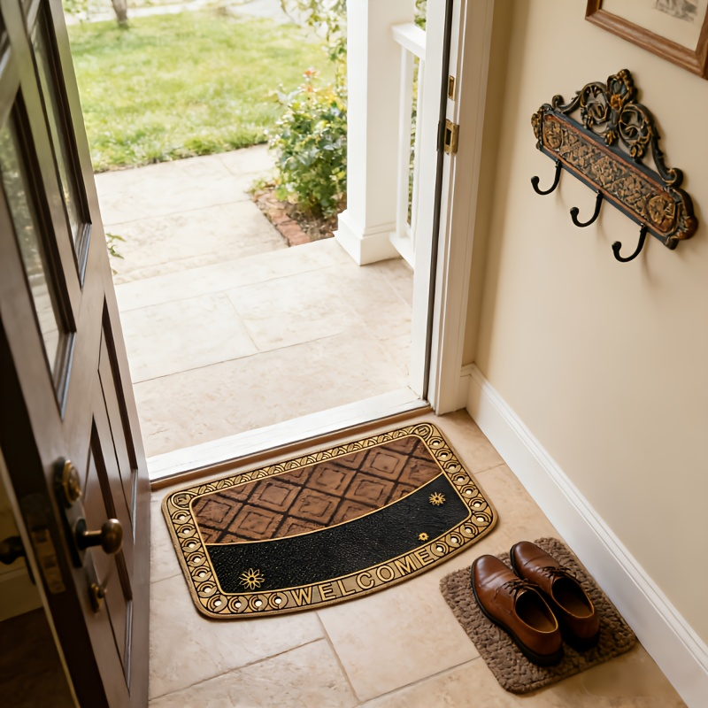 Textured Welcome Door Mat with Bordered Brown-and-Black Geometric Design in A001 or A002 Styles — image 10