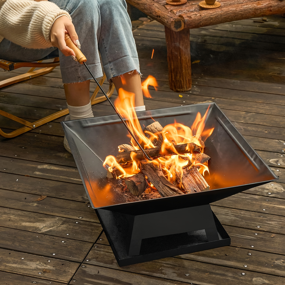 18.5-Inch Black Square Fire Pit and Grill with Mesh Pyramid Cover, Cooking Grate and Long Poker — image 7