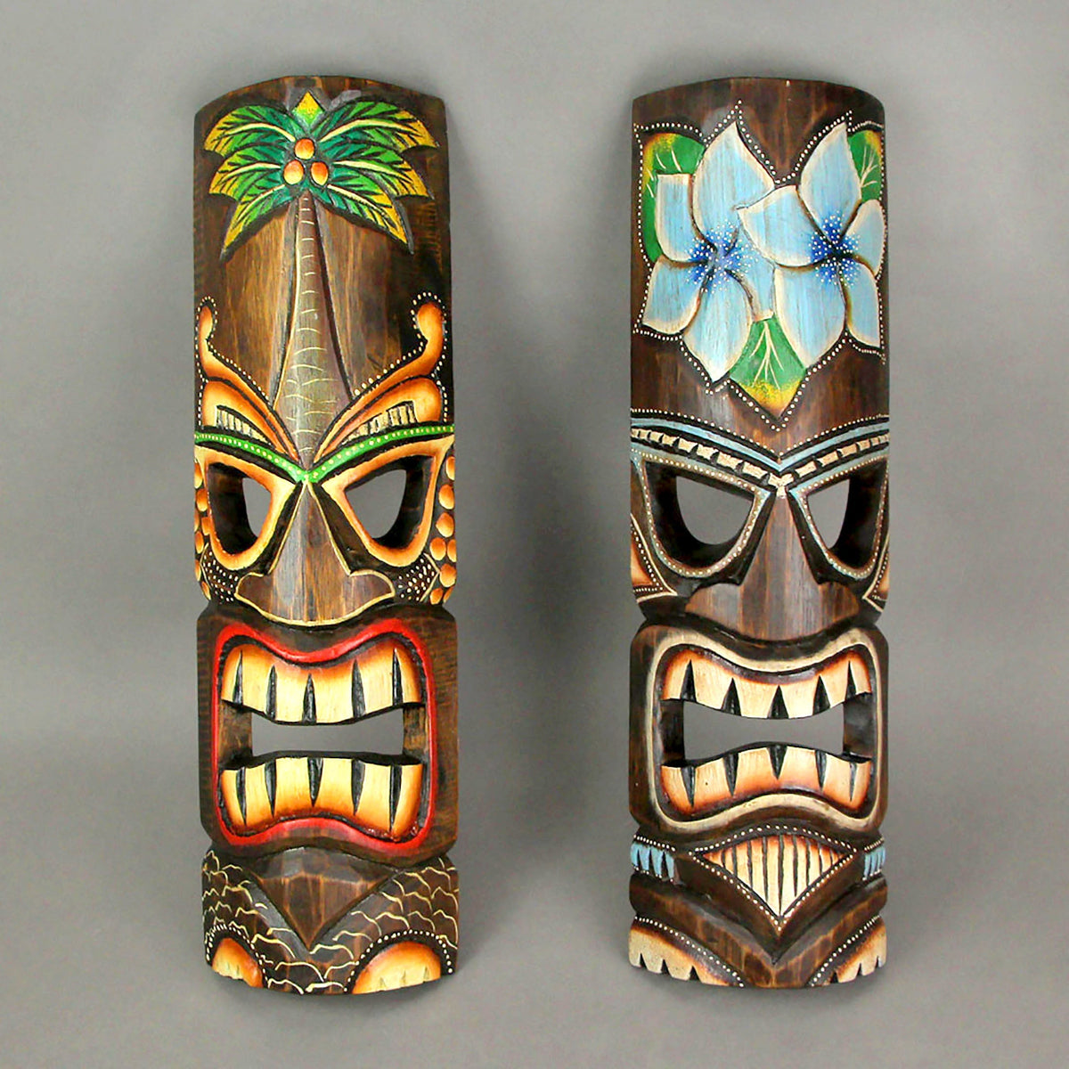 Tiki Wall Masks Set of 2 – Hand Carved Wooden 20" Tropical Decor with Palm Tree & Plumeria Designs for Indoor Outdoor Patio B