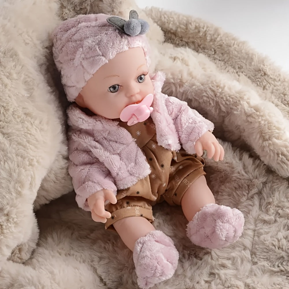 Bunny Ear Baby Doll 12 Inch Pink, Fluffy Bunny Ears PVC Realistic Newborn Comfort Doll, Cute Plush Toy for Boys & Girls Ages 
