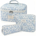 Quilted Makeup Bag Set 3 Pcs Floral Pattern Large Capacity Travel Cosmetic Organizer with Gold Zipper – Polyester Skincare To