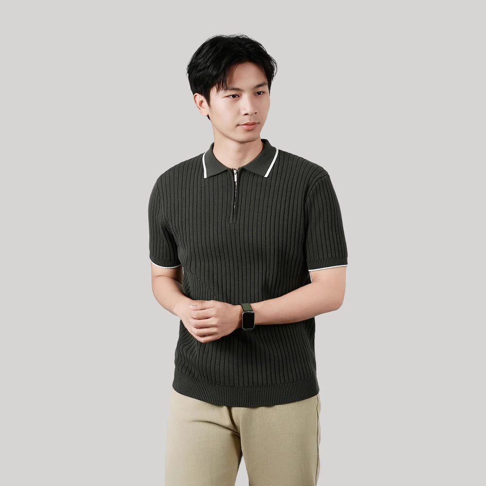 Men's Half-zip Ice Silk Knitted Lapel Vertical Striped Top