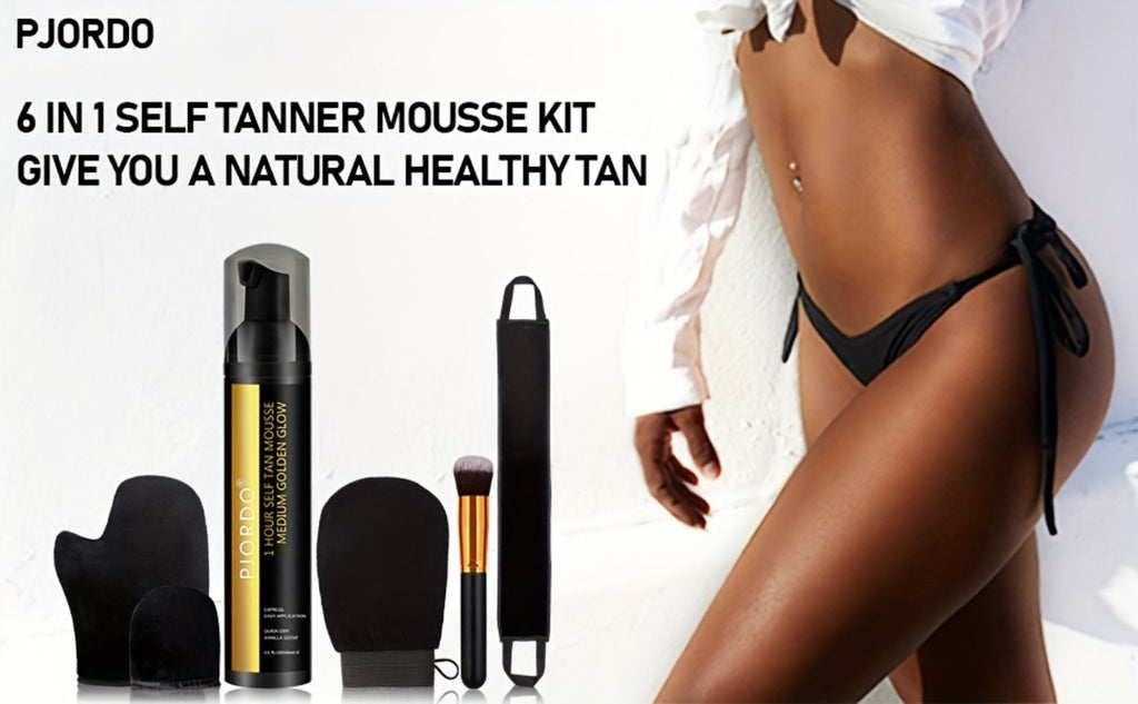 Sunless Tanning Mousse Kit 6-Piece Set with Mitt Applicator – Self Tanner Foam 1 Hour Fast Tan No Fake Smell — image 12