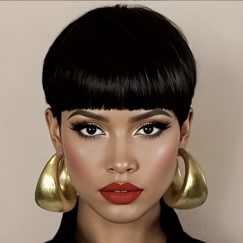 6-Inch Pixie Cut Human Hair Wig with Full Bangs, 180% Density and Black or Burgundy Color Selections — image 4