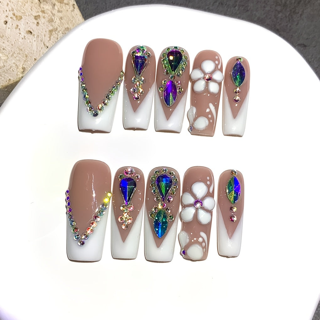 Press On Nails 10-Piece Square French-Tip Set with Nude White Gloss, AB Rhinestones and Floral Design — image 1