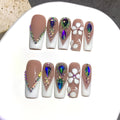 Press On Nails 10-Piece Square French-Tip Set with Nude White Gloss, AB Rhinestones and Floral Design — image 1